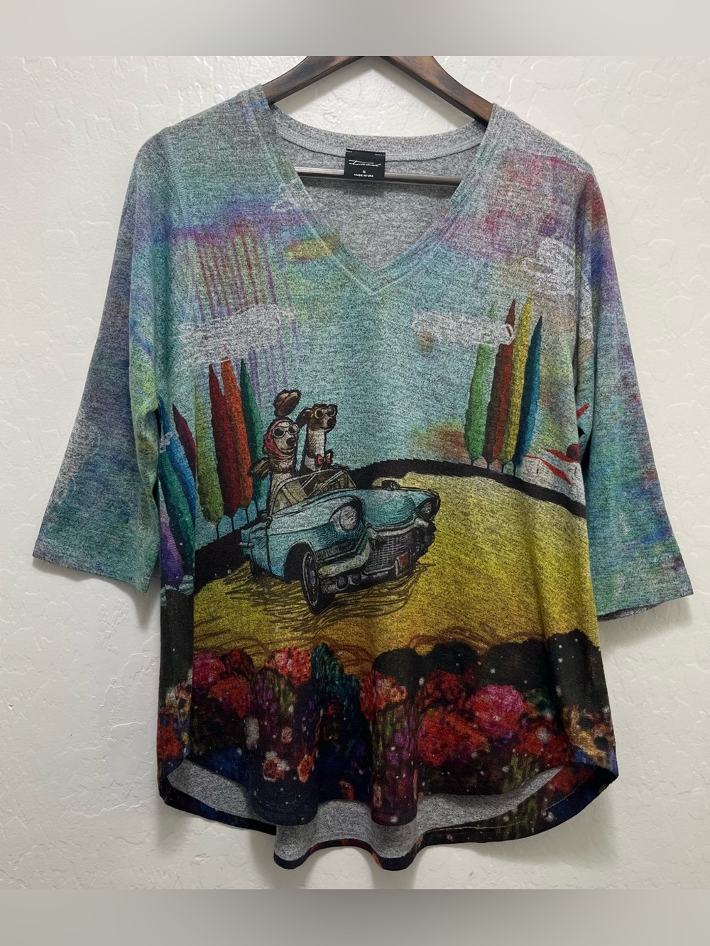 Inoah A Ride Home V-Neck Tunic Top Dogs Convertible Car Art USA Quirky Sz S